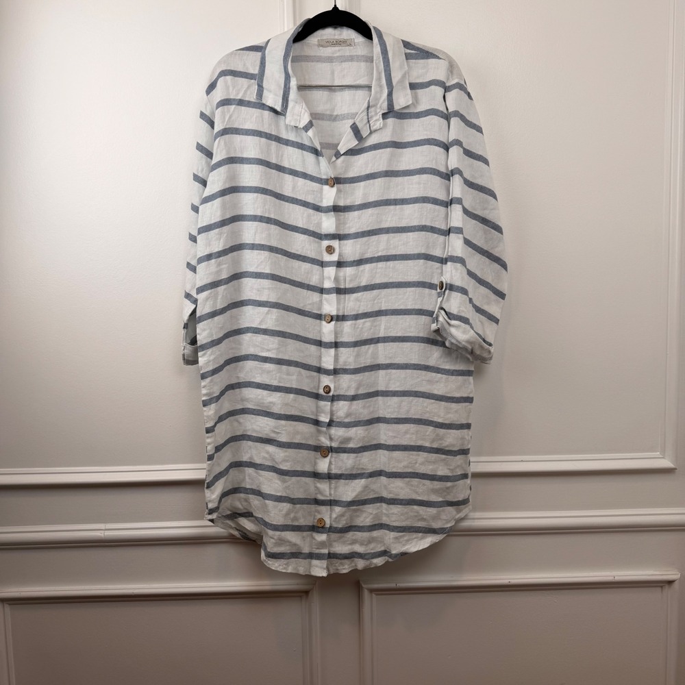 Viola Borghi Italy 100% Linen Striped Button‎ Down Tunic Shirt Dress Large Beach